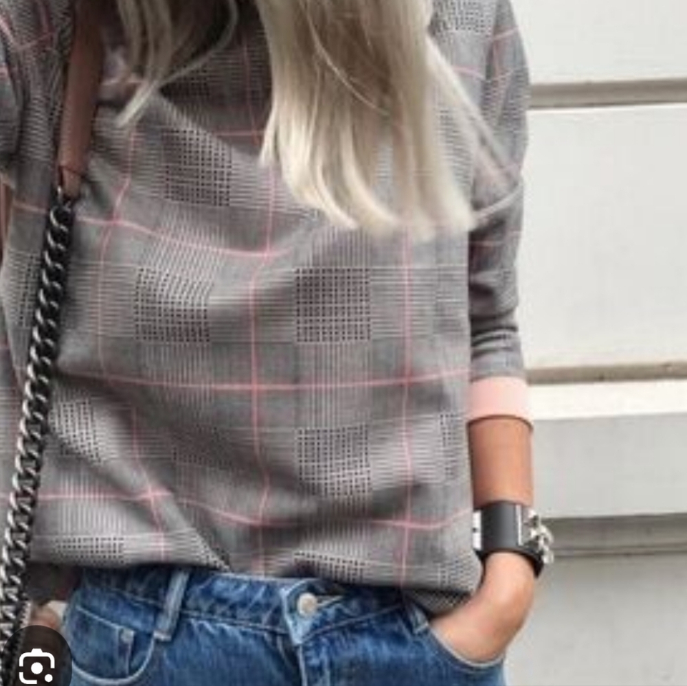 ZARA Woman Plaid Blouse Top Pink Trim Glen Check Size Large